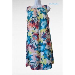 Worthington Floral Shift Dress Sleeveless Pleated Neck Multicolor Lined